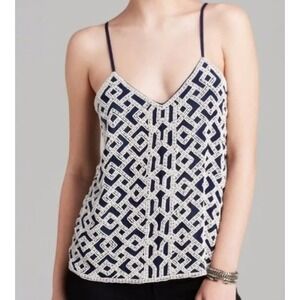 Parker Beaded Silk Cami Top Navy Art Deco Geometric Cocktail Party Glam Sz M